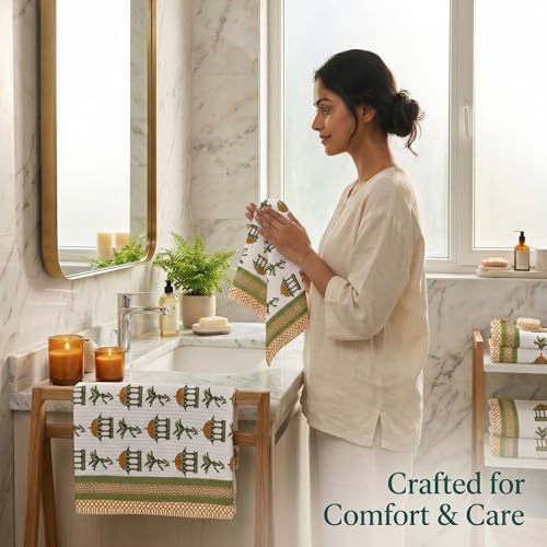 Image of Mafatlal Madhuban Cotton Waffle Set (1 Bath 147x76 cm + 2 Hand 76x38 cm) | 250 GSM | Lightweight, Quick Dry Floral | Online Lime