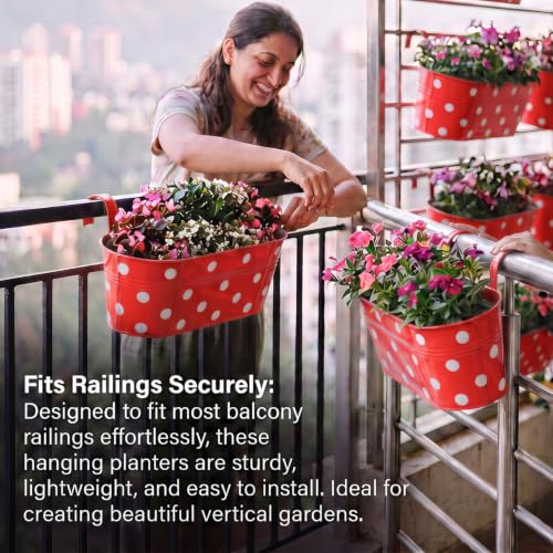 Image of TrustBasket Dotted Oval Railing Planters Basket - Red (Set of 5) | Hanging Planter | Anti Rust Plant Container Gamla for Home Decor | Indoor & Outdoor