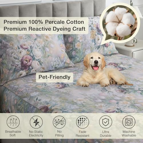 Image of Vintage Floral Sheets Queen, 100% Cotton Percale Shabby Rose Chic Sheet Set, Soft Crisp Aesthetic Green Flower Bed Sheets, Garden Toile Designer Bedding, Deep Pocket Fitted Sheet, 4Pcs