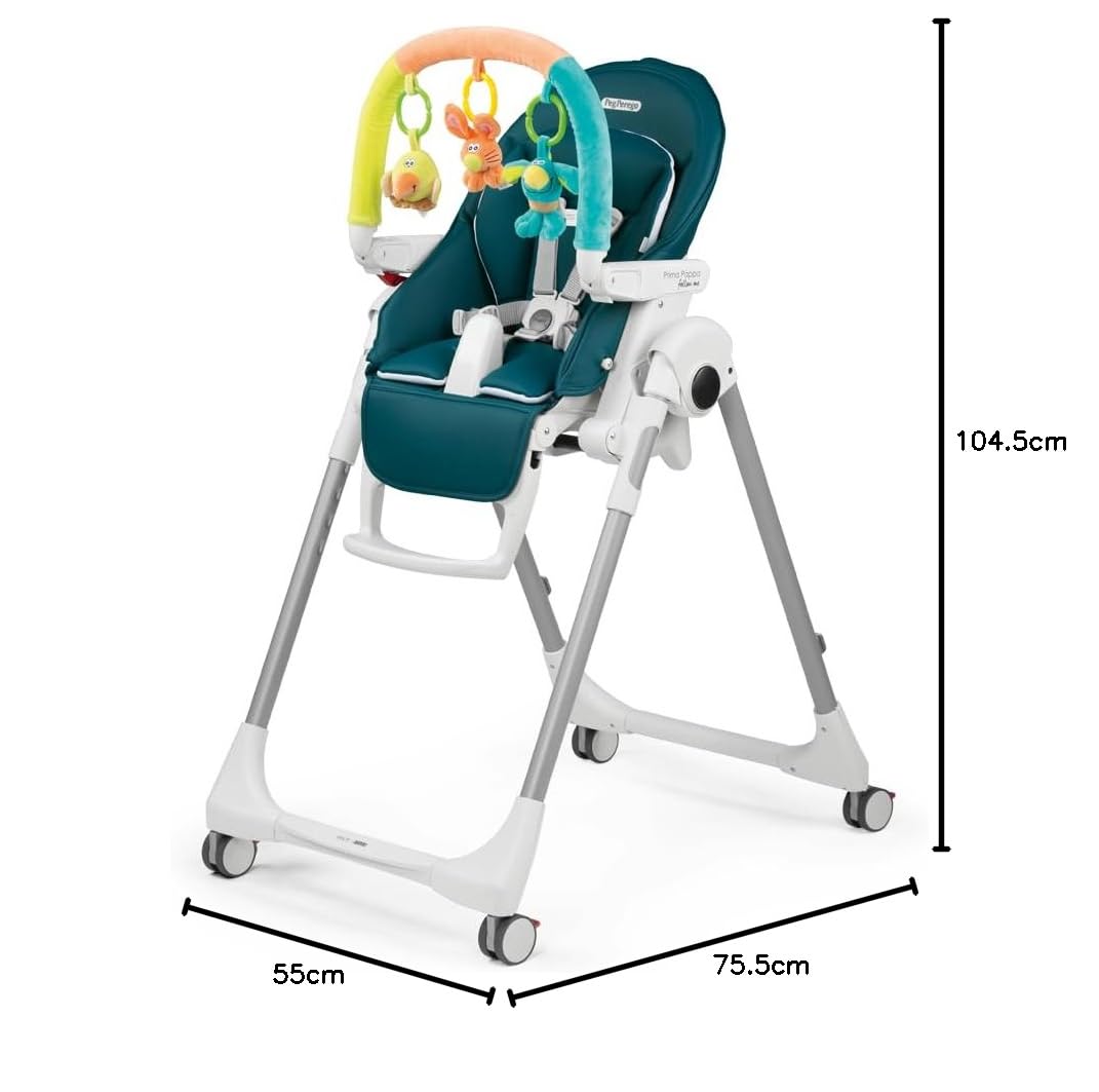 PEG Prima Pappa Follow Me Plus - Seggiolone e Sdraietta Neonato, Dalla Nascita, Regolabile in Altezza, 4 Ruote, Barra Gioco, Doppio Vassoio, Rivestimento Ecopelle, Chiusura Compatta, Petrolio