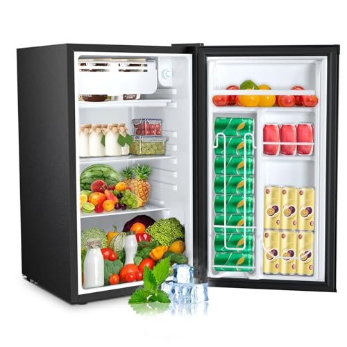 3.2 Cu.ft Mini Fridge with Freezer, Compact Refrigerator with Reversible Single Door, Adjustable Thermostat, Low Noise, Energy Efficient for Office, Dorm, Bedroom, Apartment (Black)
