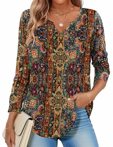 Zeagoo Womens Long Sleeve V Neck Shirts Dressy Casual Tops Vintage Ethnic Blouse Business Work Tunic School Outfits XXL