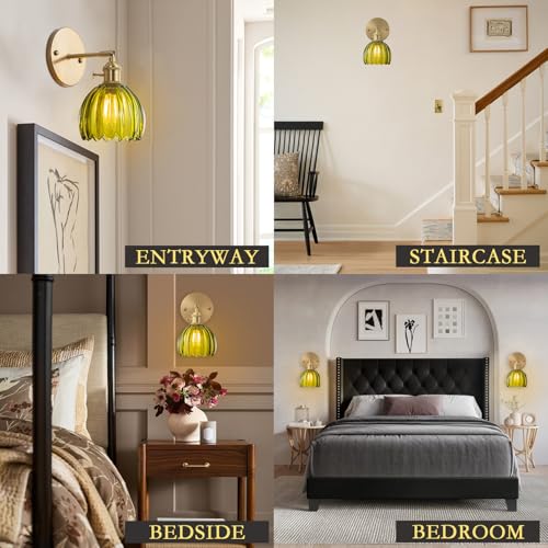 Image of Vintage Wall Sconces Wall Mounted Lights with Emerald Green Tulip Glass Lampshade Brass Sconces Hardwired 180 Degree Adjustable Modern Wall Lighting Fixture with Switch for Bedroom Bedside