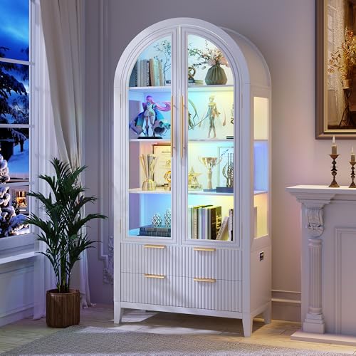 Image of LVSOMT 71 inch Arched Display Cabinet with Glass Doors and RGB Lights, White