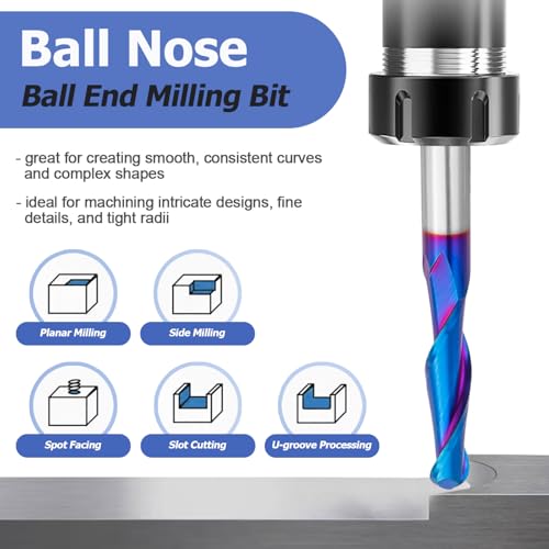 Image of Mesee Ball Nose End Mill CNC Router Bit 1 /4 Inch Shank Carbide Ball Nose Spiral Upcut Router Bit 1-1 /8 inch Cutting Length Nano Blue Coating Ball End Milling Bit Woodworking Carving Tool, 1 /4 inch Cutting Dia