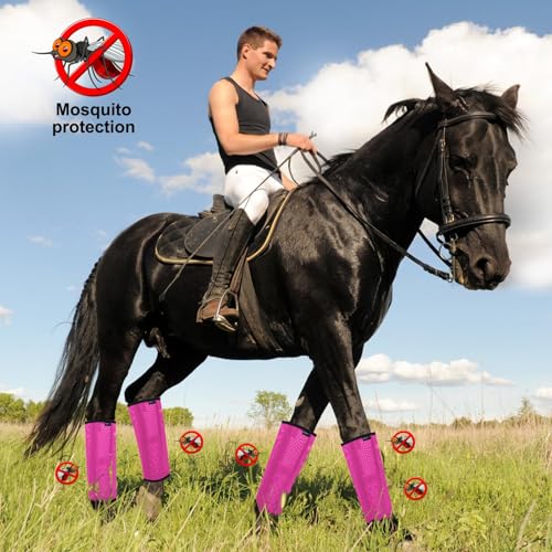 Image of Horse Fly Boots, Breathable Mesh Protection Set of 4, Comfortable Horse Leggings, Breathable Mesh Design, Equine Supplies for Reduce Stomping, Hoof Damage & Leg Fatigue (Rose Red, Large)