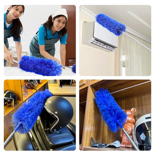 Image of Cobweb Duster with Extension Pole, Spider Web Brush and Washable Ceiling Duster Kit, 15-100 Inch Long High Rigidity Handle Aluminum Telescoping Pole for Ceiling Fan, Furniture, Ceiling Corner (Blue)