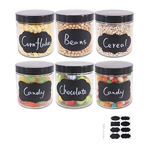 BPFY 6 Pack 16 oz Glass Jars With Plastic Lids, Glass Kitchen Canisters Cabinet, Pantry Organization, Food Storage Jars for Flour, Sugar, Coffee, Candy, Snacks, 8 Chalk Labels, 1 Pen Cover