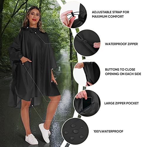 PTEROMY Hooded Rain Poncho for Adult with Pocket and Zipper, Waterproof Lightweight Raincoat for Men and Women 6