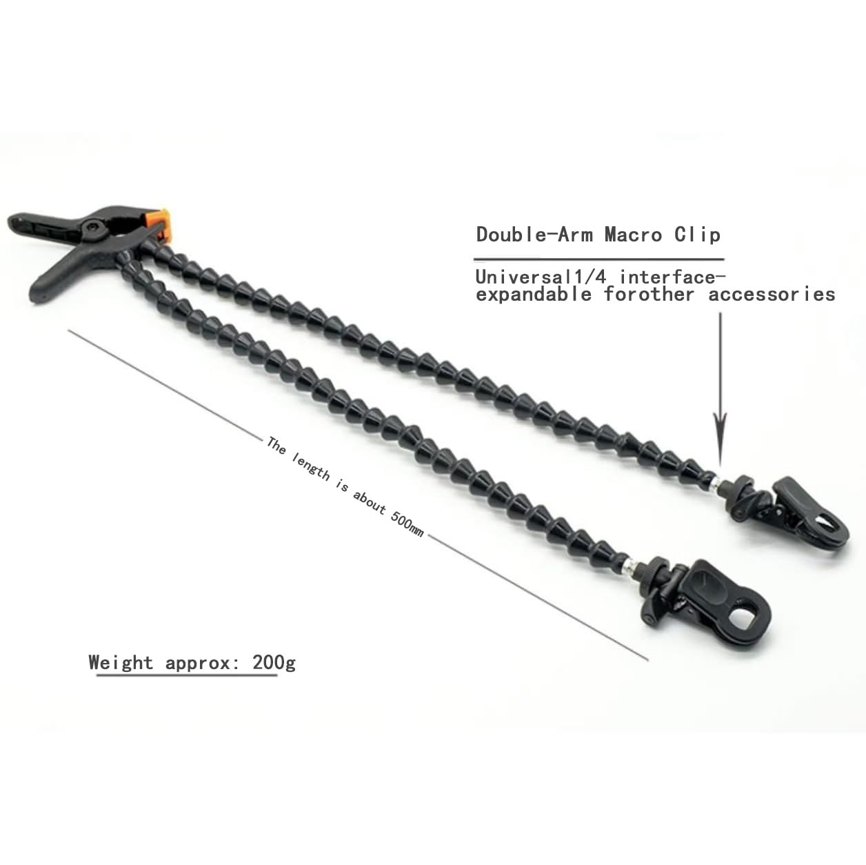 Pince macro 60 cm avec clip rotatif à 360° réglable pour insectes, fleurs et arrière-plans (double tube)