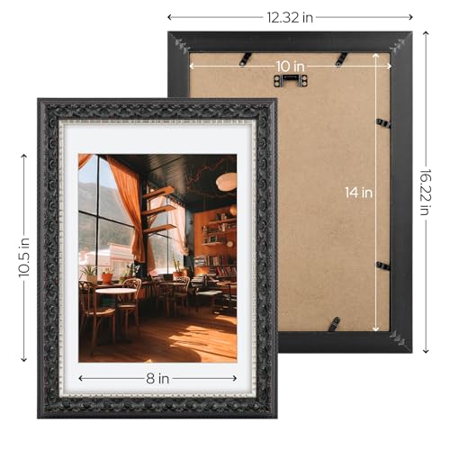 Image of Golden State Art, 10X14 Ornate Finish Photo Frame With White Mat for 8.5x11 Picture & Real Glass, Color: Black With Silver & Burgundy