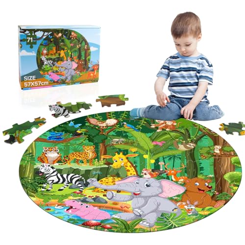 Large Animal Floor Puzzles for Kids Giant Jigsaw Puzzle of Jungle Animals with 71 Pieces Round Educational Toy for Kids Age 3+ Gift Box Set