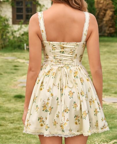Image of Womens Summer Floral Mini Dress Square Neck Tie Front Lace Spliced Ruched Backless Casual Party Graduation Short Dresses