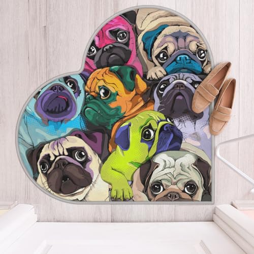 Bunte Bulldogge Hund Liebe Langhaar Verdickte Boden-Fußmatte Teppiche 80 cm Niedliche Französische Bulldogge Bereich Teppich für Wohnzimmer Küche Schlafzimmer Waschbar Rutschfeste Bodenmatte Teppich
