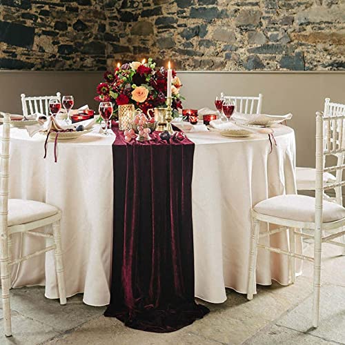 Luxurious Velvet Table Runner, 10ft Wedding Reception Decorations, 20x120inch Soft Velvet Fabric, Table Linen Overlay, Wedding Table Runners (Burgundy, 20X120inch)