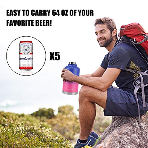 64 oz Stainless Steel Water Bottle, MOICO Double Wall Vacuum Insulated Water Bottle, Keeps Cold 24 Hours & Hot 12 Hours, BPA Free Leak Proof Wide Mouth with Travel Bag - Blue Pink