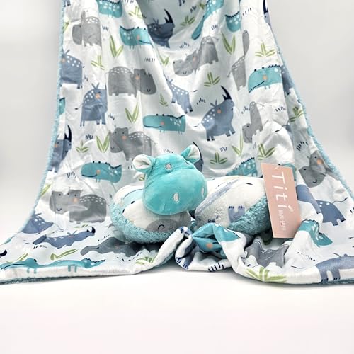 Image of TITI with Love Reversible Baby Blanket and Pillow Set - Hippo Baby Blanket with Soft Plush Neck Pillow, Ideal for Travel, Crib, 37x27 in