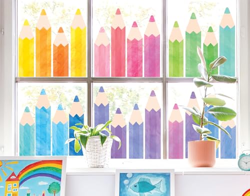 Whaline 9 Sheet Watercolor Pencil Window Clings Back to School Pastel Color Pencil Reusable Window Decals for First Day of School Home Nursery Classroom Decor