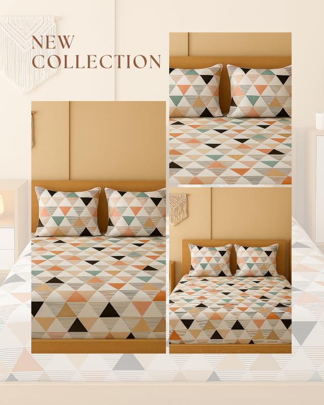 Image of NEW LEAF 320 TC Cotton All Around Elastic Fitted Printed Bedsheets King Size, Premium Fitted Bedsheets King Size for Double Bed with 2 Pillow Covers, Size- 78 inch x 72 inch White Orange