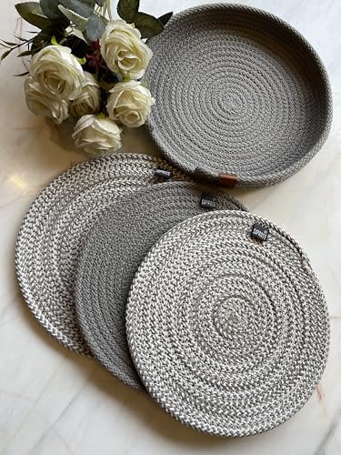 Image of Retro Polypropylene 3 Pc Round Trivet with Basket Holder | Braided Pot MAT, Side Table Mat, Machine Washable Small Place Mat for Casserole for Dining Table (9 inch Dia)