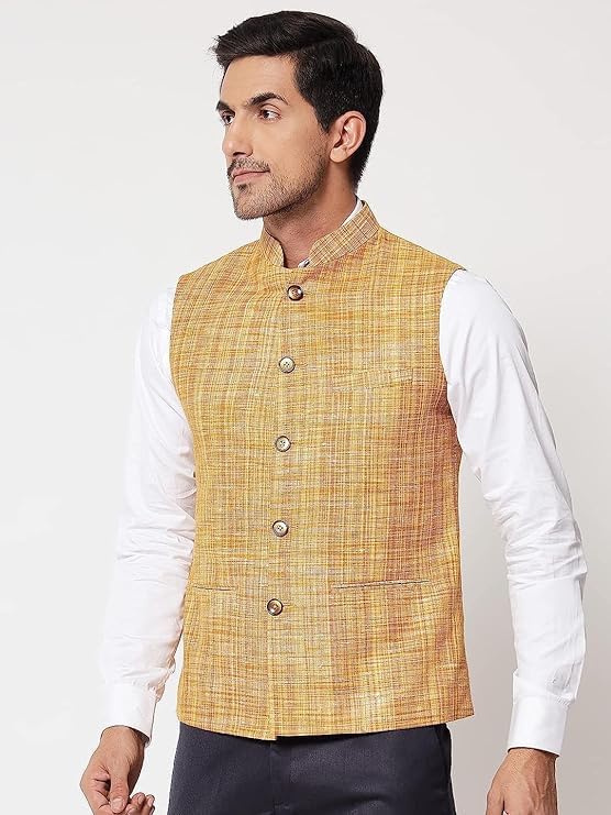 Image of Vastraa Fusion Mens Handloom Small Check Cotton Nehru Jacket - (Brown)