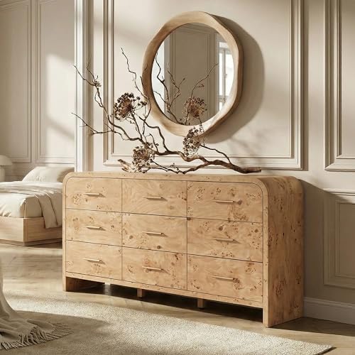Image of Curved 9-Drawer Dresser for Bedroom, 63 inch Wide Modern Chest of Drawers, Vanity Desk TV Stand for Living Room, Closet Storage Drawers Organizer Furniture, Nursery, Hallway, Light Burl