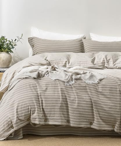 Image of JELLYMONI 100% Washed Cotton Beige Striped Duvet Cover Set Twin