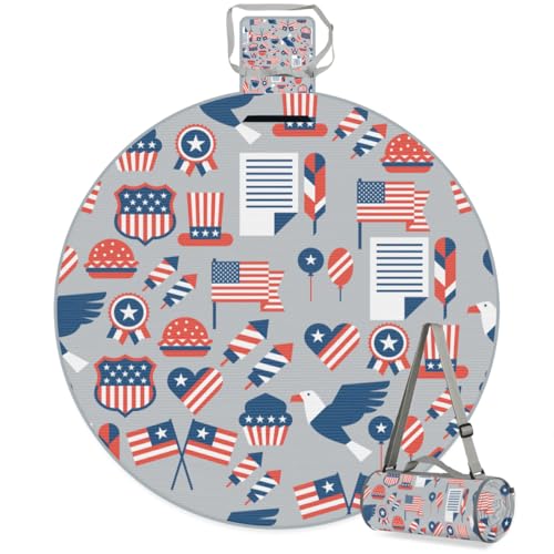 Shimoshe Abstract American Flag Picnic Outdoor Blanket Foldable Waterproof Sandproof Beach Blanket Portable Water-Resistant Round Picnic Mat for Travel Camping Park Lawn