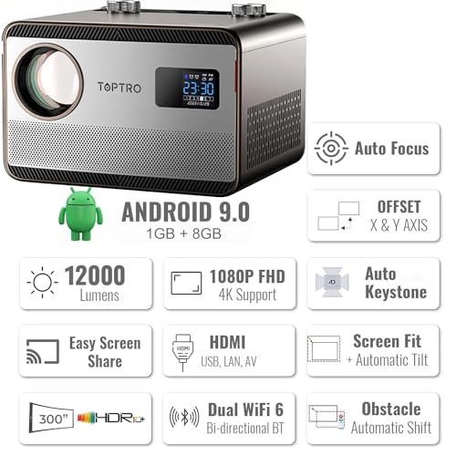 Image of TOPTRO Projector for Home 4K Support, HQ5 Auto Focus Full HD Projector Native 10500 Lumens YouTube Netflix Primevideo Hotstar Apps Auto Keystone WiFi BT Miracast 300inch Home Cinema Projector