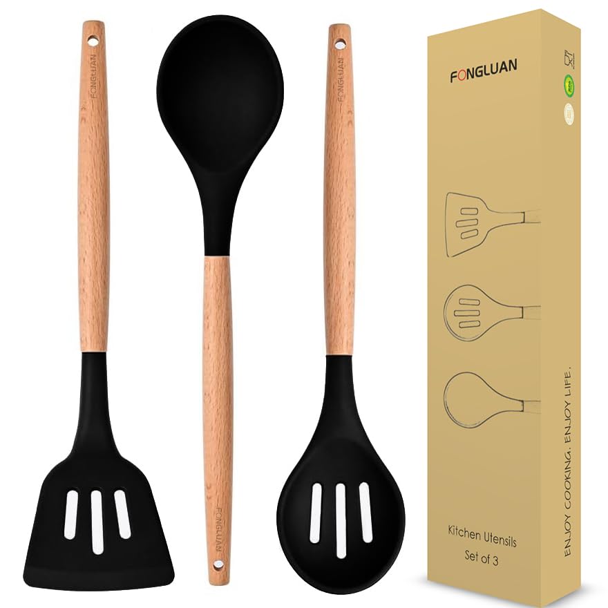 Kitchen Utensils. Set of 3, Silicone Cooking Utensils Set, Turner/Spatula, Spoons with Wooden Handle, Heat Resistant, Nonstick Cookware, Dishwasher Safe, Black