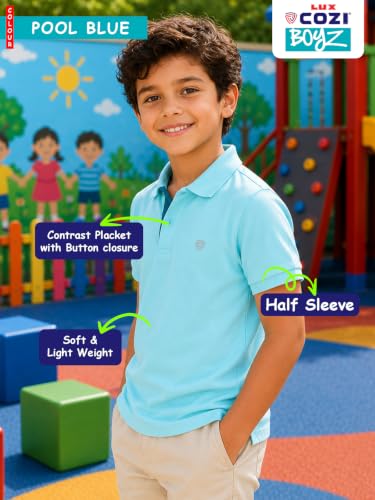 Image of Lux Cozi Boy's Polycotton Polo T-Shirt | Solid Collared Half Sleeve Tee for Kids | Soft Breathable Summer Wear | Casual Smart Polo T-Shirt | 3-14 Years