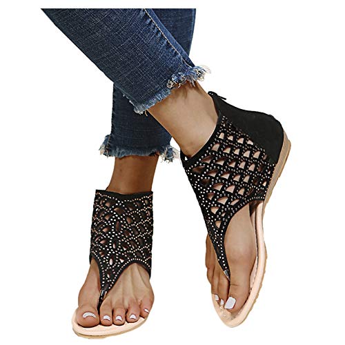 Sandales d'été pour femme - Dentelle - Avec fermeture éclair - Chaussures plates - Tongs d'été, Noir , 40 Cover