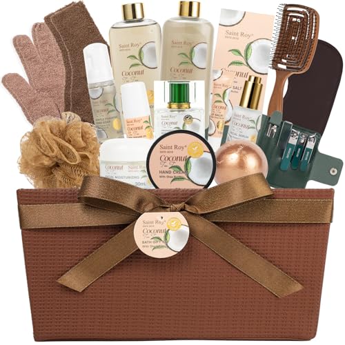 Image of Bath and Body Basket Set TEA TREE & COCONUT Spa Gift Basket for Women & Men | 30Pcs Unique Bath Gift Baskets Gifts, Home Spa Kit Christmas Gifts, Face Skin Care Kit, birthday gift baskets for Dad Mom