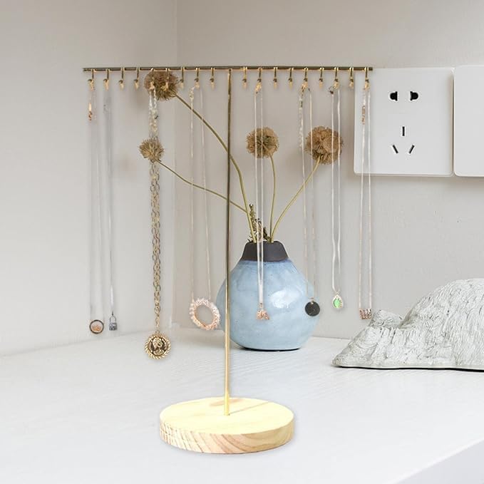 Image of T Shape Metal Gold Chrome Finished Wooden Jewellery Display Stand (16 Inch)