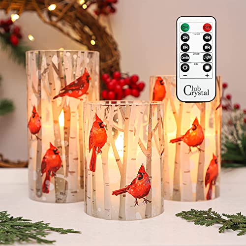 Crystal Club Flameless Candles, Cardinal Theme, (Set of 3) Battery Operated LED Candles with Remote, Real Wax & Glass Effect Candle with Timer for Home Festival Décor