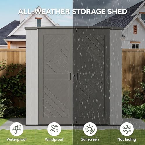 Image of KINYING 6x4 FT Vertical Outdoor Storage Shed,Resin Clearance Outdoor Sheds with Floor,Garden Tool Shed for Lawn Mower /Bike Storage /Trash Cans /Pool Supplies,Lockable