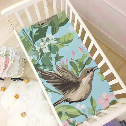 Image of Crib Sheet Breathable Soft Crib Mattress Sheet for Baby Toddler Boys Girls Fitted Crib Sheet Fit Standard Crib Mattress 39 x 27 Inch Blue Mockingbird and Pink Flowers