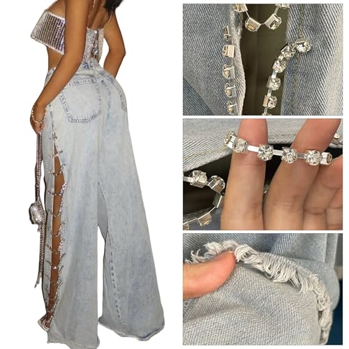 YOOTIKO Women High Waisted Wide Leg Ripped Jeans Rhinestone Fringe Sexy Slit Raw Hem Denim Jean Club2