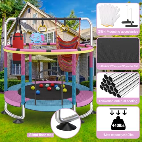 Image of Yozoia 60 inch Toddler Trampoline, Indoor Trampoline for Kids with Safety Enclosure, 440LBS Support, Adjustable Gymnastics Bar & Toys for Boys Girls