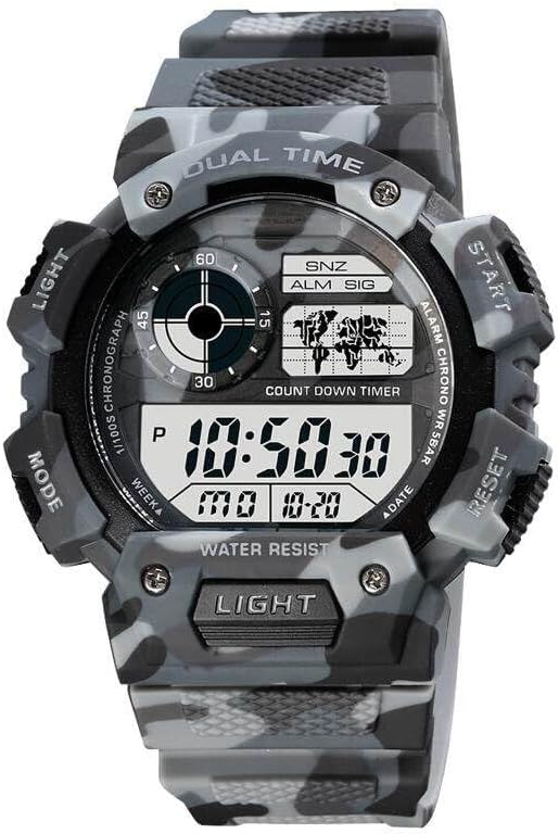Mens Digital Quartz Watch, 50 m Waterproof Electronic Sports Watch, Dual Time Luminous Outdoor Digital Watches, PU Strap, Green Camouflage