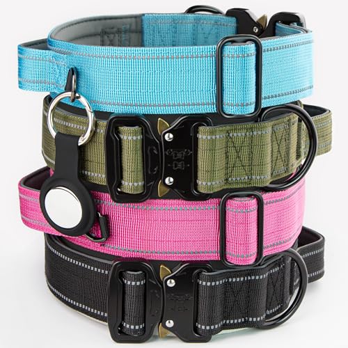 Tactical Dog Collar with Control Handle & AirTag Holder Neoprene-Padded Lining Reflective Strips Heavy-Duty Thick Nylon Metal Buckle for Medium & Large Dogs Green