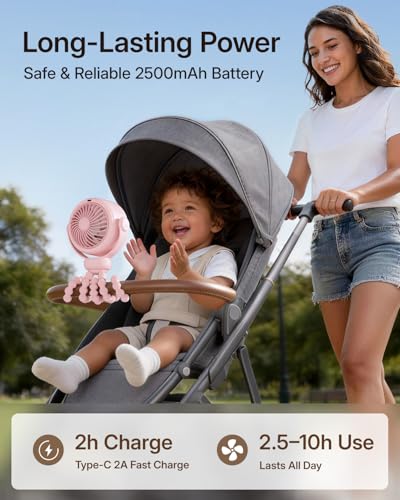 Image of SWEETFULL Portable Stroller Fan, Pinch-Proof Baby Fan - Pink