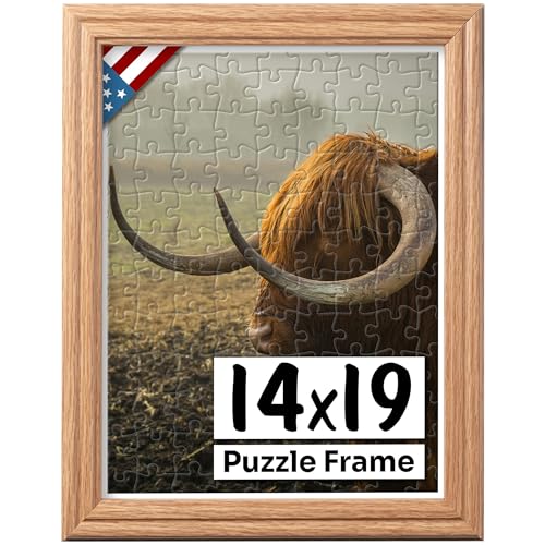 US Art 14x19 Oak Puzzle Frame .75 Inch Wide - Handmade Solid Wood Picture Frames with Preinstalled Hangers and UV Blocking Plexiglass Frames