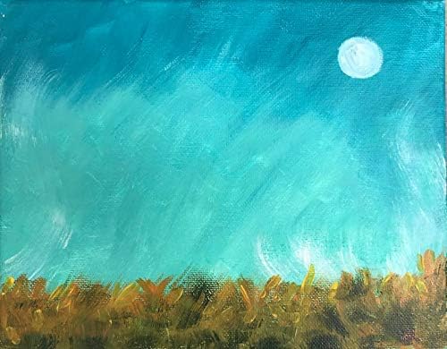 Original 8x10 Landscape Acrylic Painting Moon Blue Sky Green Grass Home Decor Ready to Hang Acrylic Painting
