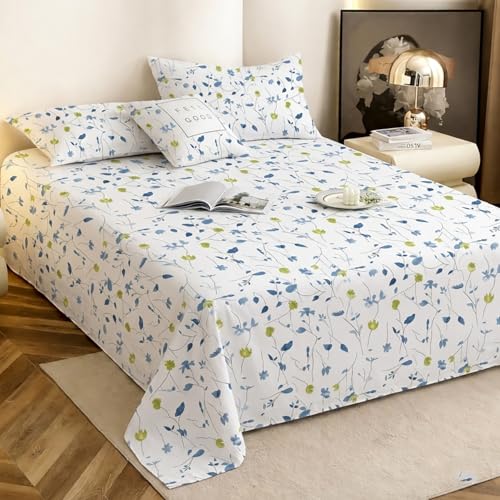 Image of IVAZA 240 TC Soft Ezyption Cotton Floral Print King Size Bedsheet - with 2 Pillow Covers, Hypoallergenic, Brethable, (Size- 90 x 90 Inch) Blue & White