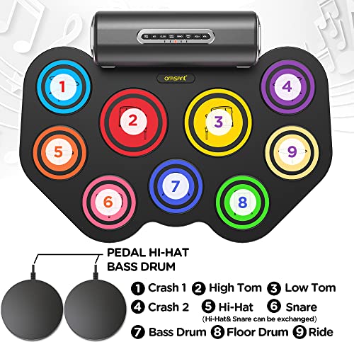 Orasant 9-Pad Real-Effect Rechargeable Portable Electronic Drum Set With Icons, Roll-Up Practice Drum Pad Electric Drum Pad With Speaker, Headphone Jack, Pedals,12H Playtime, Christmas Gift #TOP5
