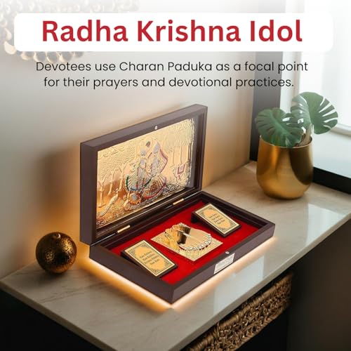 Image of Radha Krishna Charan Paduka Box l Gold Plated | Radhe Shyam Prayer Box | Charan Paduka Box for Pooja | Momento with Natural Fragrance l Decorative Showpiece l Wedding Gifts & House Warming