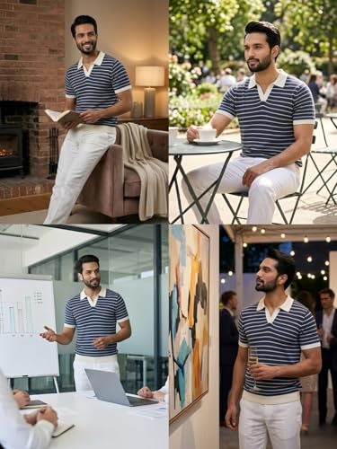 Image of GRECIILOOKS Polo T Shirt for Men | Knitted Block Collar Neck T-Shirt | Smart Casual Striped Design | Premium Mens T Shirts | Office Wear, Travel & Everyday Styling