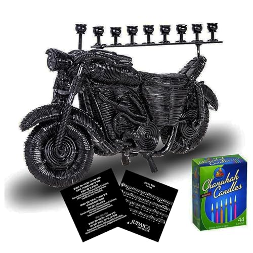 Motorcycle Hanukkah Menorah - Unique Chanukah Hanukkah Gift for Bikers - Resin Judaica Menorah with Hebrew Blessing Card and Colored Candles - 10