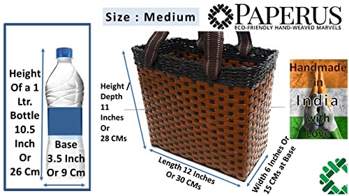Image of Paperus, Medium, Dark & Light Brown, Lunch Bag, Picnic Basket, Carry Bag, Tiffin Basket for Office, Rectangular, Eco-Friendly, Handmade, of Paper Ropes, in Inch 11 H, 12 L, 6 Wide Base
